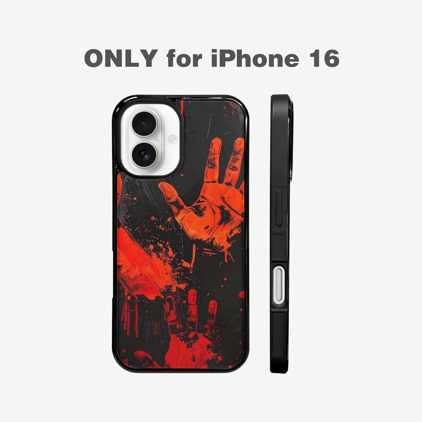 iPhone 16 Case — Splatter Paint Art Hand Prints Black, Custom Made Phone Cover