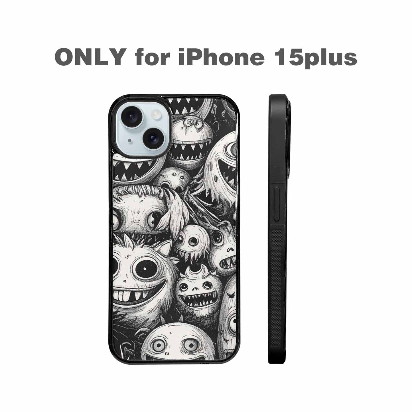 iPhone 15 Plus Case — Black And White Monster Face Collage, Custom Phone Case