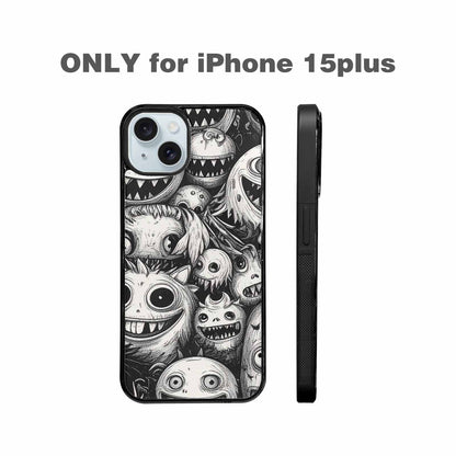 iPhone 15 Plus Case — Black And White Monster Face Collage, Custom Phone Case