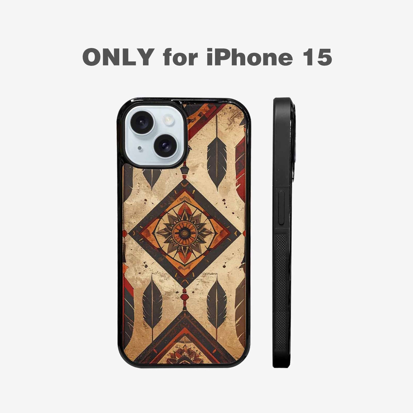 iPhone 15 Case — Native American Geometric Pattern Arrows Feathers, Custom Printed Phone Case
