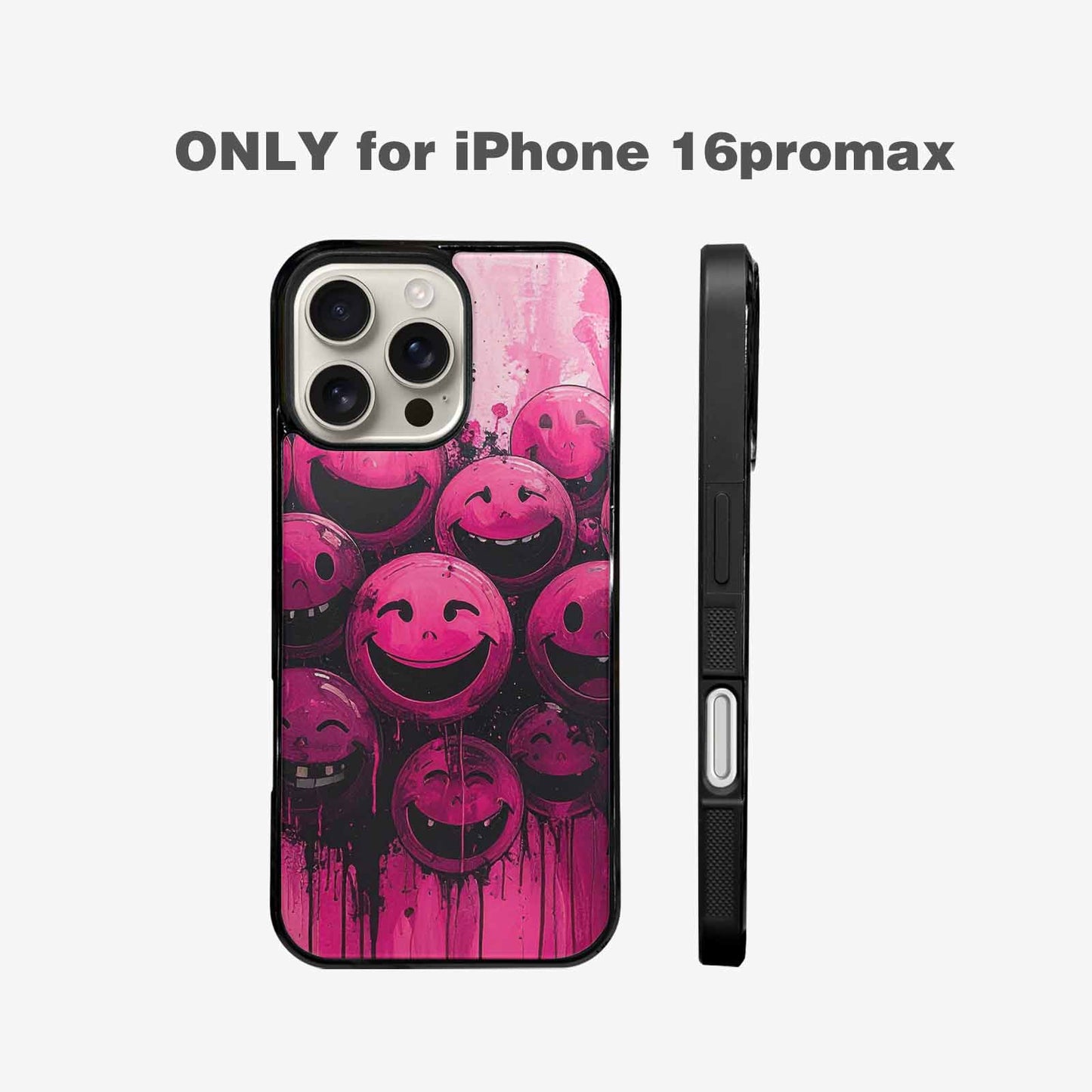 iPhone 16 Pro Max Case — Melting Moon Smiley Black Pink Ink, Customized Protective Case