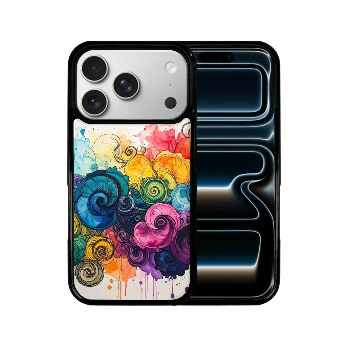 iPhone 17 Pro Case — Tie Dye Swirls Black Blue Tie, Custom Printed Phone Case