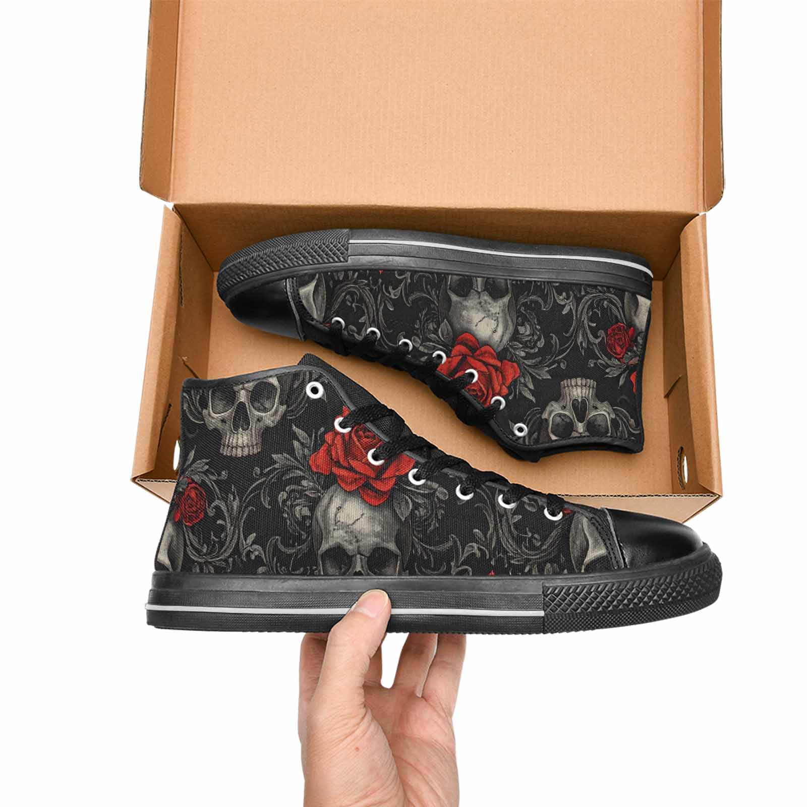 WOMEN'S Skulls Roses Fine Line High Top Canvas Vibrant Chaos Custom Shoes