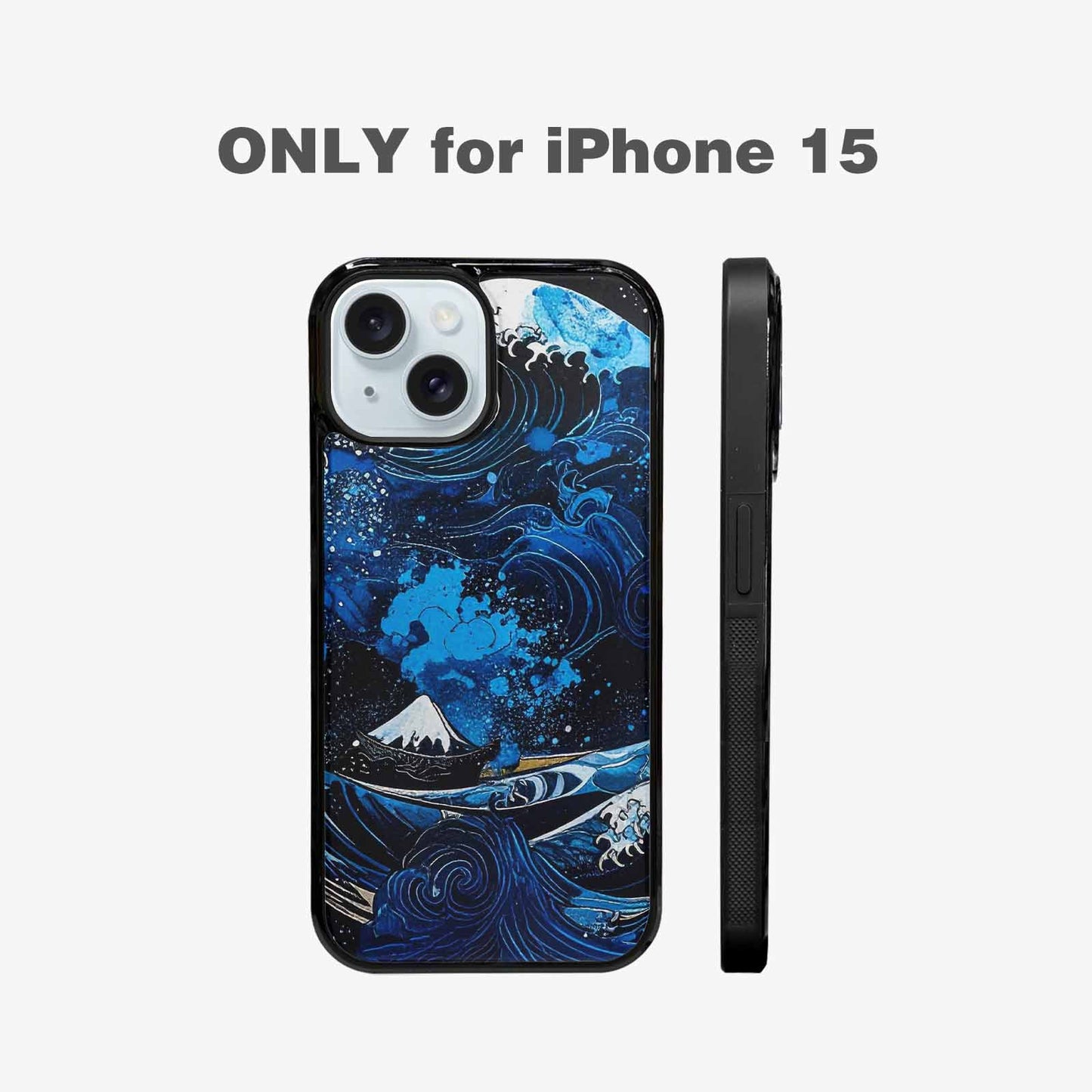 iPhone 15 Case — Nautical Wave Black Blue Ink Wave, Custom Designed Case Cover