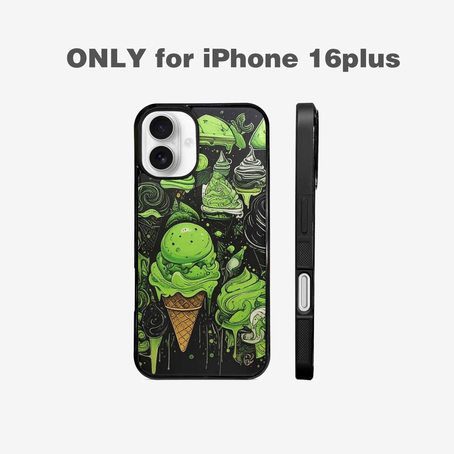 iPhone 16 Plus Case — Ice Cream Motif Black Green Ink, Custom Designed Case Cover