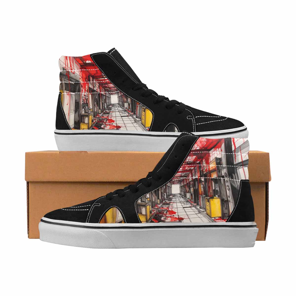 MEN'S Liminal Black & Red Ink High Top Canvas Statement Neon Fantasy Custom Art Shoes