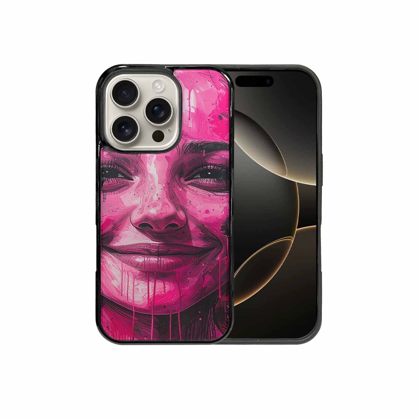iPhone 16 Pro Case — Melting Moon Smiley Black Pink Ink, Customized Protective Case