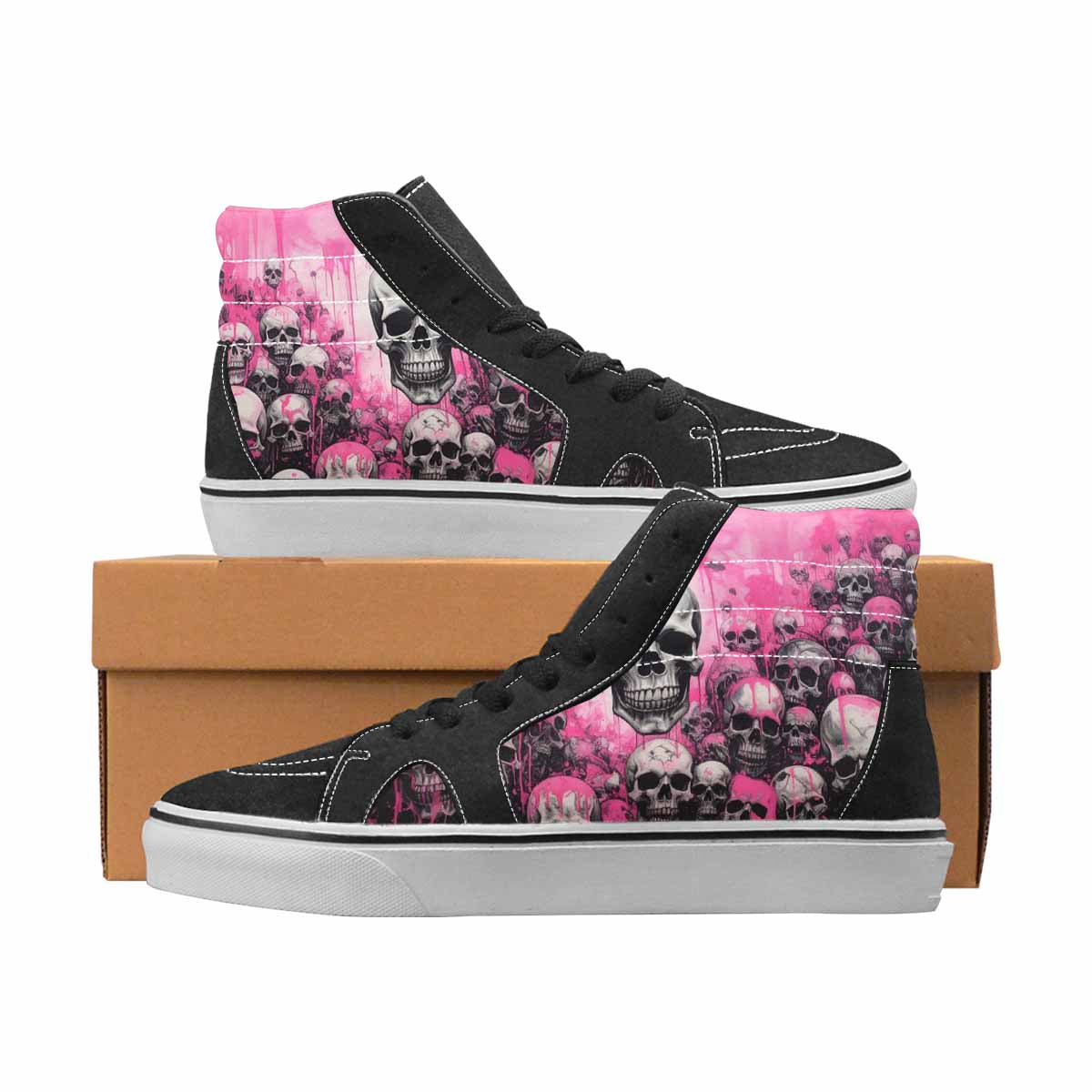 WOMEN'S Skulls Black & Pink Ink High Top Canvas Unique Print Wallpaper Art Custom Printed Shoes