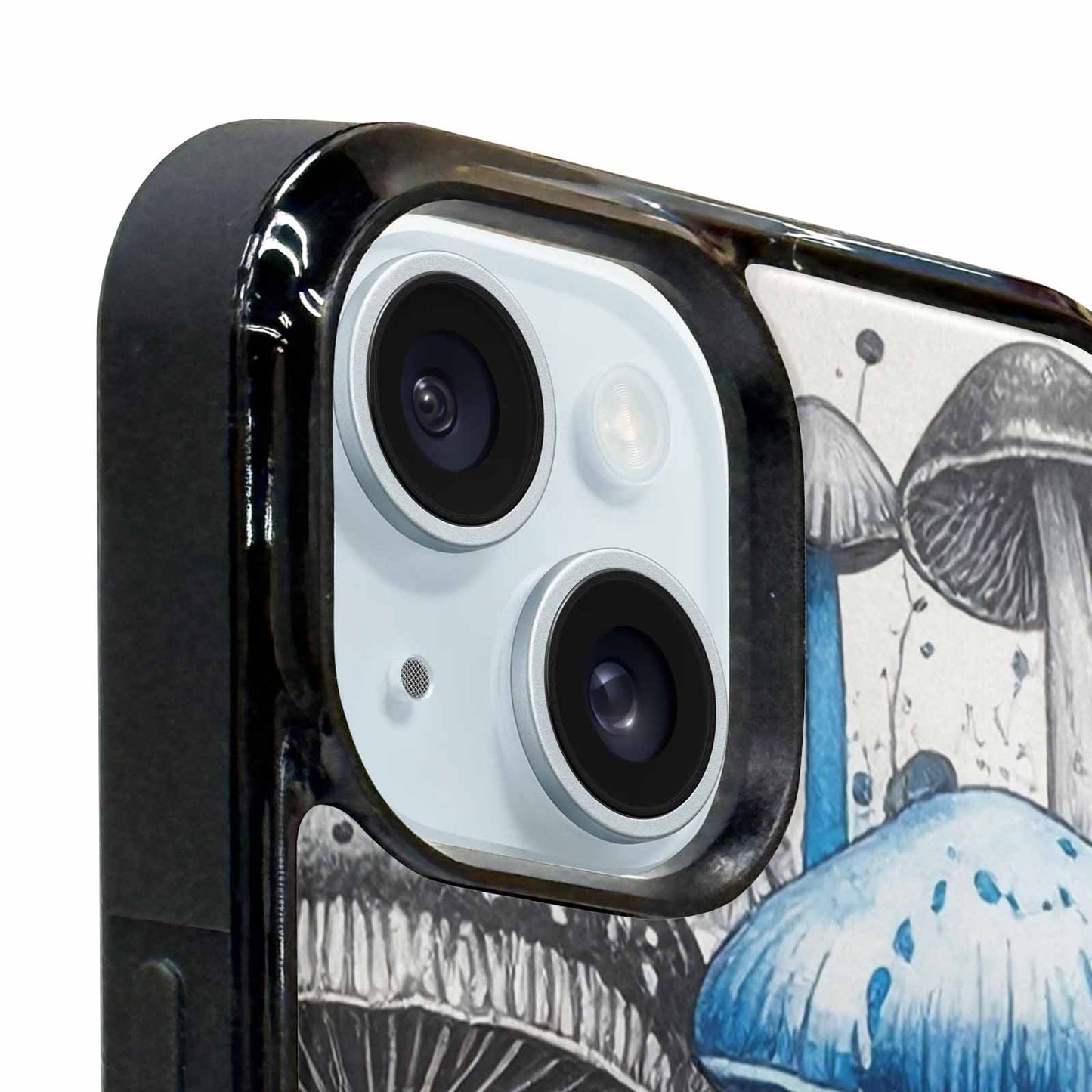 iPhone 15 Plus Case — Mushrooms General Black Blue Ink Mushrooms, Custom Printed Phone Case