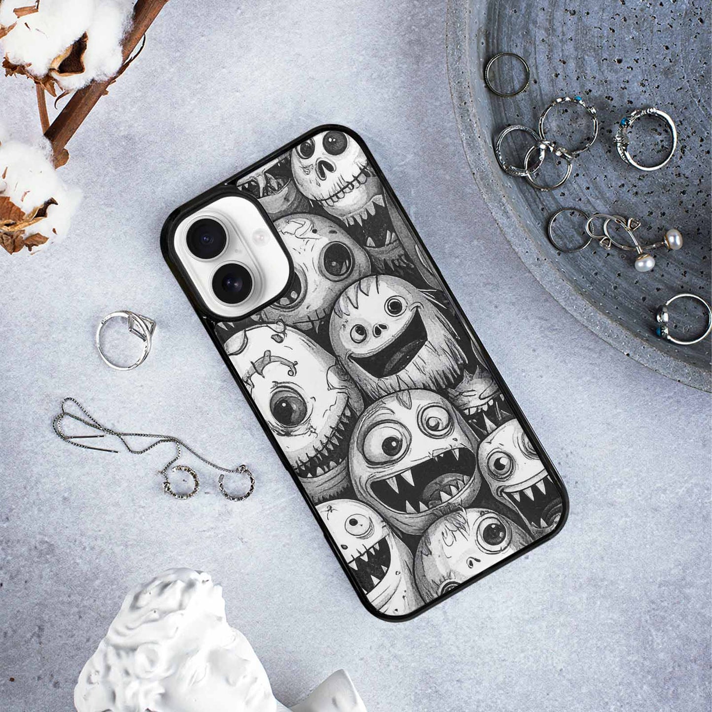 iPhone 16 Plus Case — Black And White Monster Face Collage, Custom Made Phone Cover
