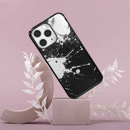 iPhone 15 Pro Max Case — White Ink Splatter Texture On Black, Original Design Phone Case