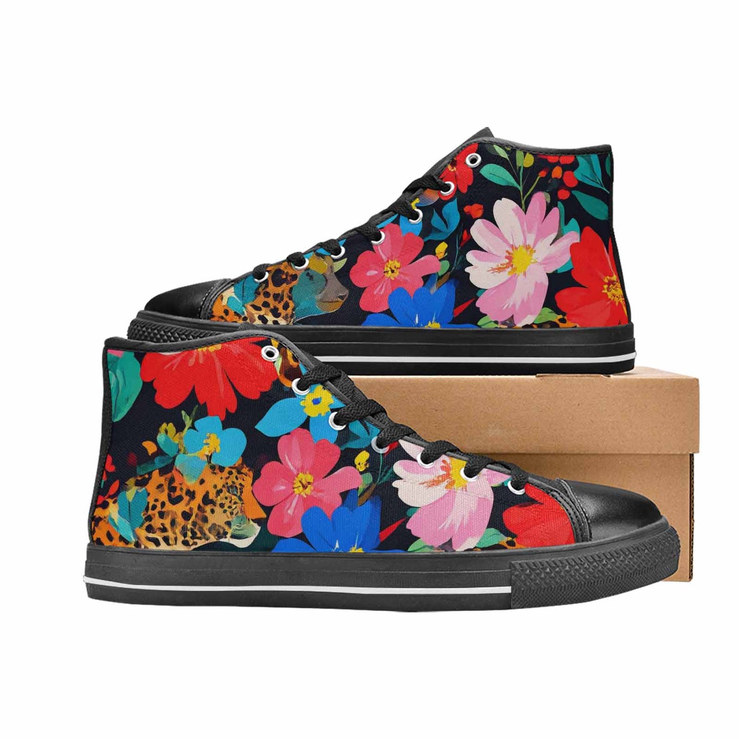 MEN'S Leopard Print Floral High Top Canvas Neon Fantasy Custom Sneakers