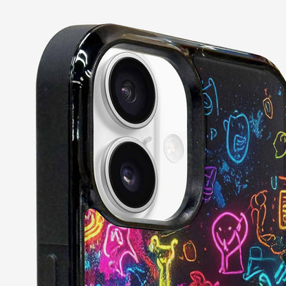 iPhone 16 Case — Neon Glow Outline Icon Pattern Hundreds, Customized Protective Case