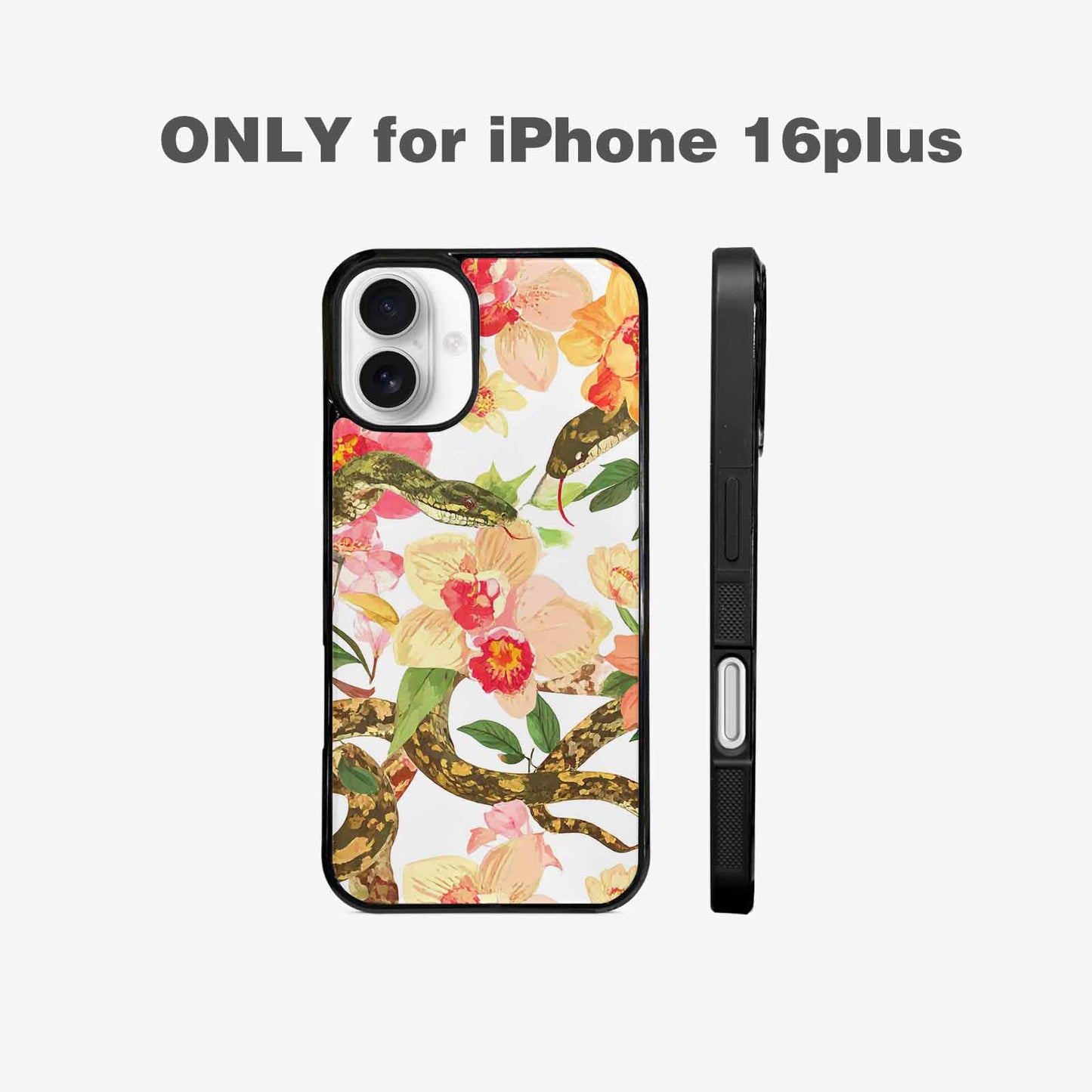 iPhone 16 Plus Case — Floral Snake Print, Custom Made Phone Cover