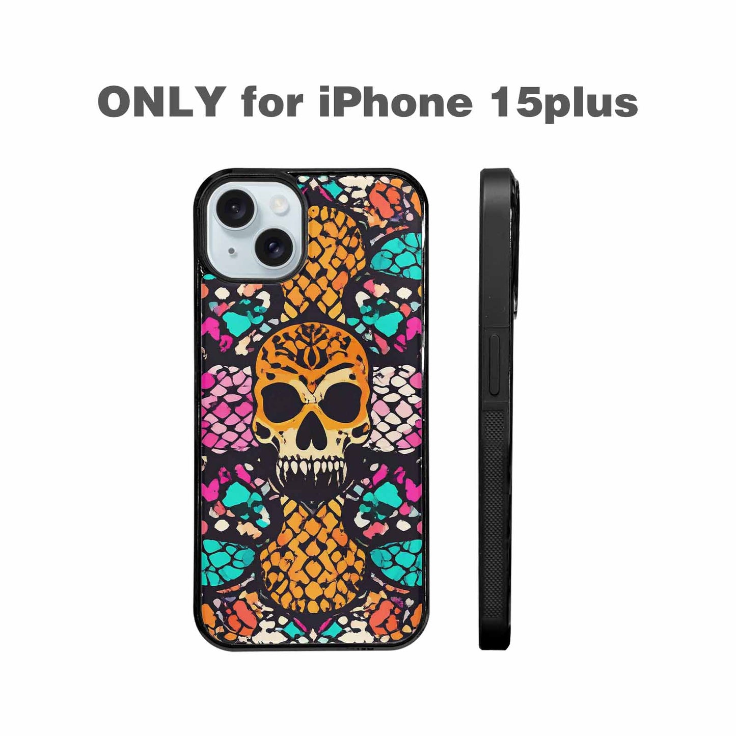 iPhone 15 Plus Case — Snake Print Skull, Custom Phone Case