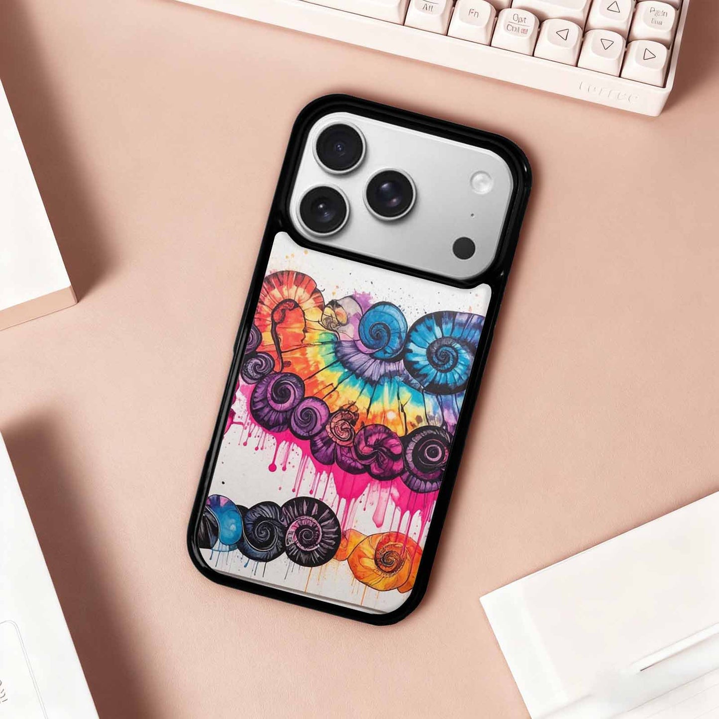 iPhone 17 Pro Case — Tie Dye Swirls Black Pink Tie, Personalized Phone Case