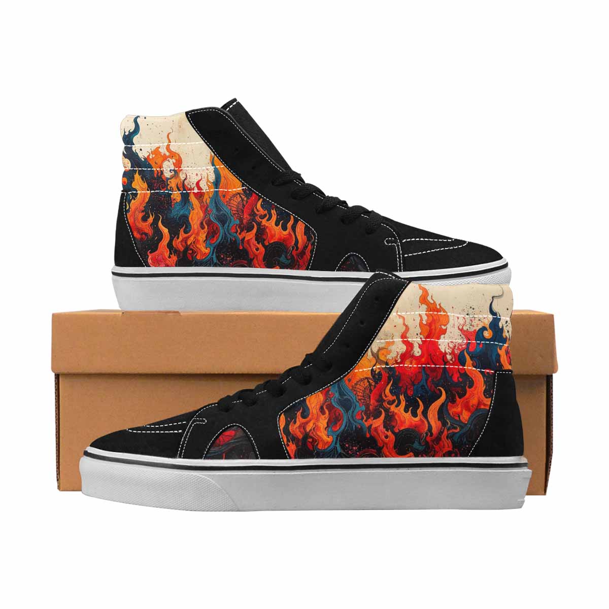 MEN'S Flames Black & Red Ink High Top Canvas Graphic Print Neon Fantasy Custom Print Sneakers