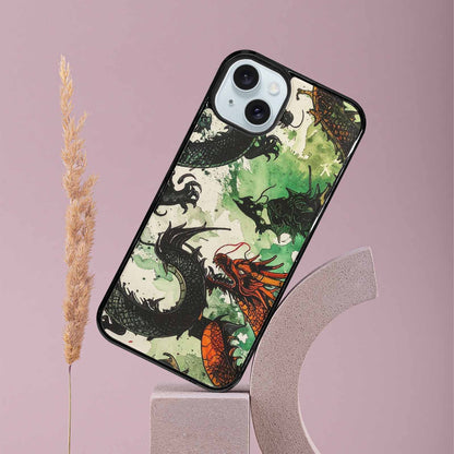 iPhone 15 Plus Case — Dragon Scale Black Green Ink Dragons, Personalized Phone Case