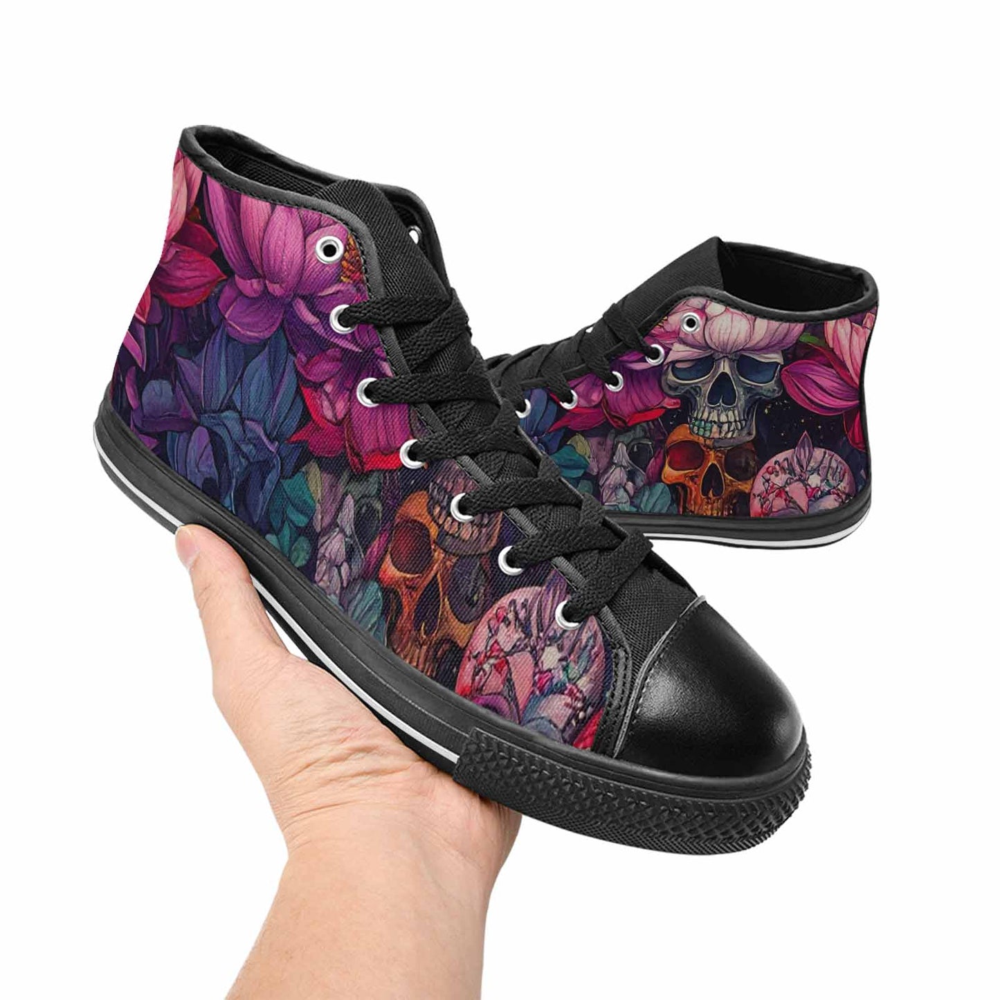 WOMEN'S Lotus Skulls High Top Canvas Cottagecore Sneakers