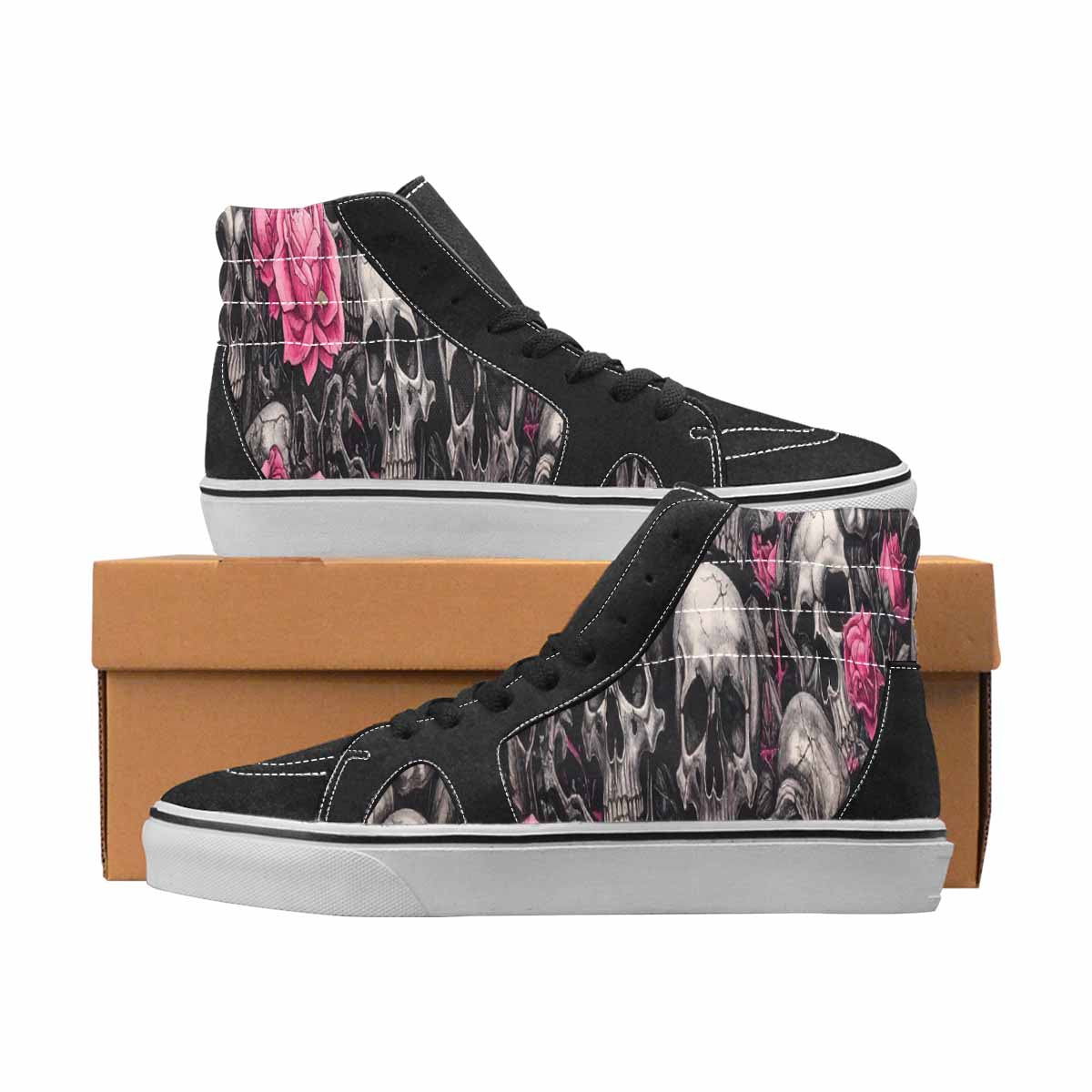 WOMEN'S Skulls Black & Pink Ink High Top Canvas Custom Design Vivid Custom Shoes