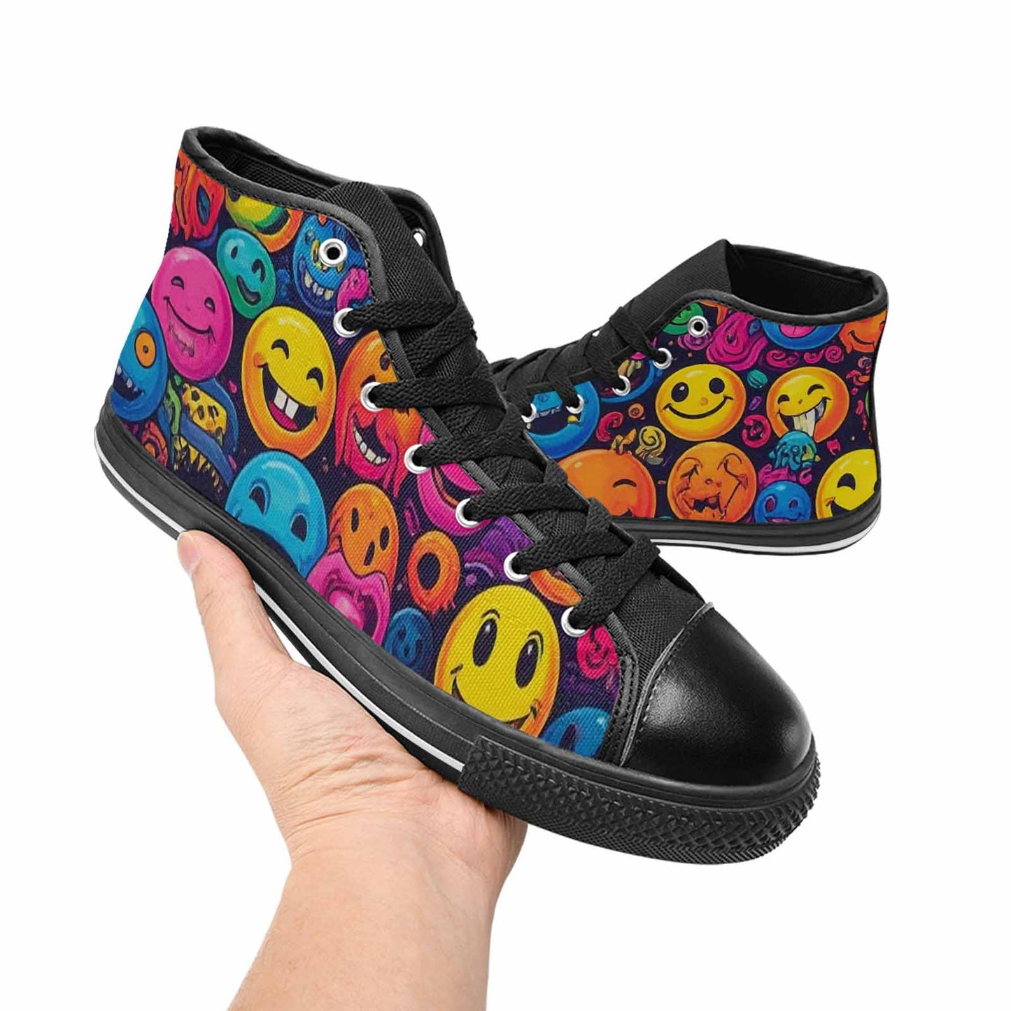 MEN'S Yellow Smiley Face High Top Canvas Grunge Sneakers