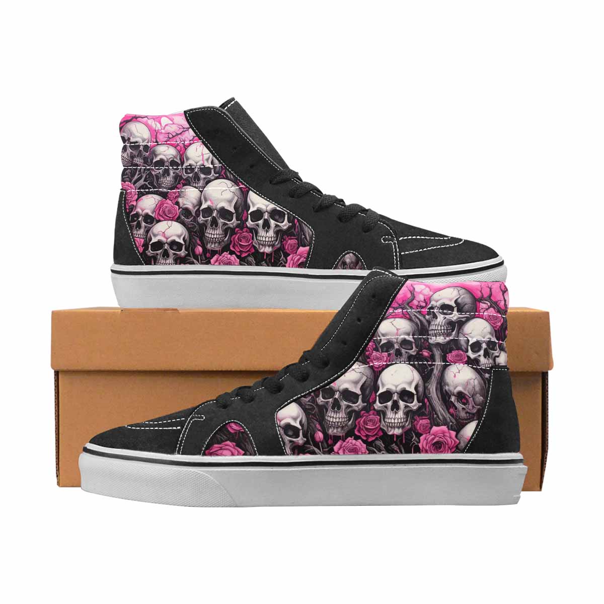 WOMEN'S Skulls Black & Pink Ink High Top Canvas Bold Print Cottagecore Original Art Sneakers