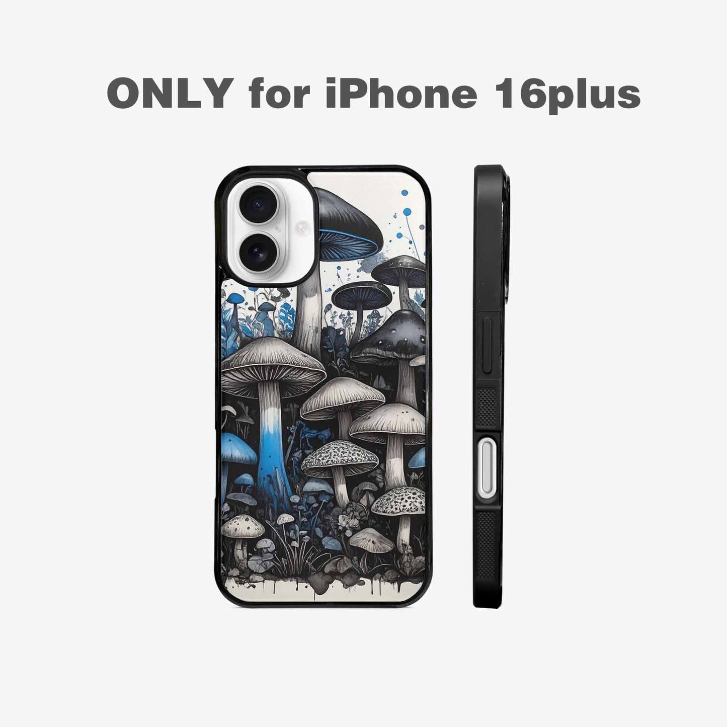 iPhone 16 Plus Case — Mushrooms General Black Blue Ink Mushrooms, Custom Designed Case Cover