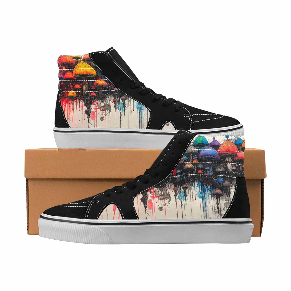 MEN'S Mushrooms Black & Red Ink High Top Canvas Custom Design Neon Fantasy Custom Shoes