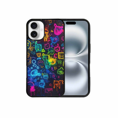 iPhone 16 Plus Case — Neon Glow Outline Icon Pattern Hundreds, Custom Printed Phone Case