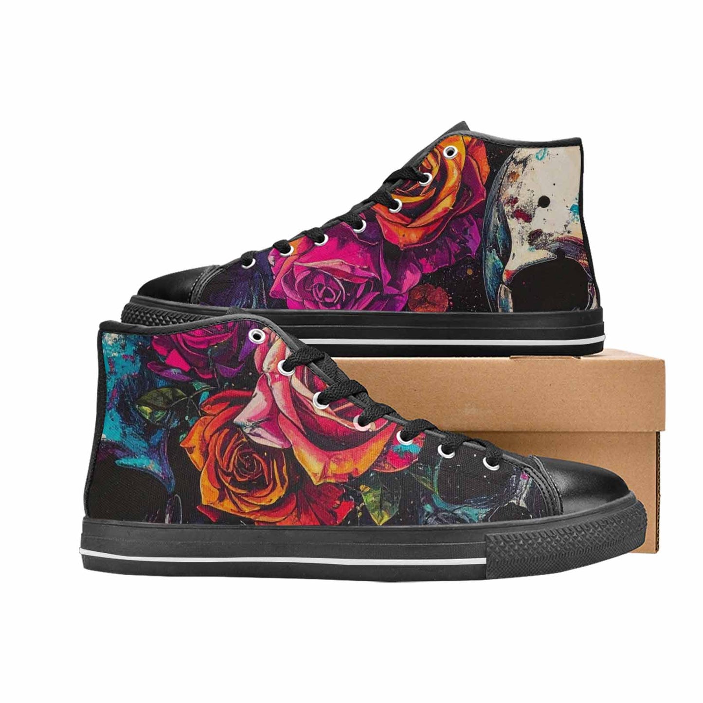 MEN'S Skulls Roses Acid Wash High Top Canvas Neon Fantasy Custom Sneakers