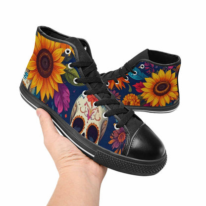 WOMEN'S Sunflower Skulls Print High Top Canvas Wallpaper Art Custom Sneakers