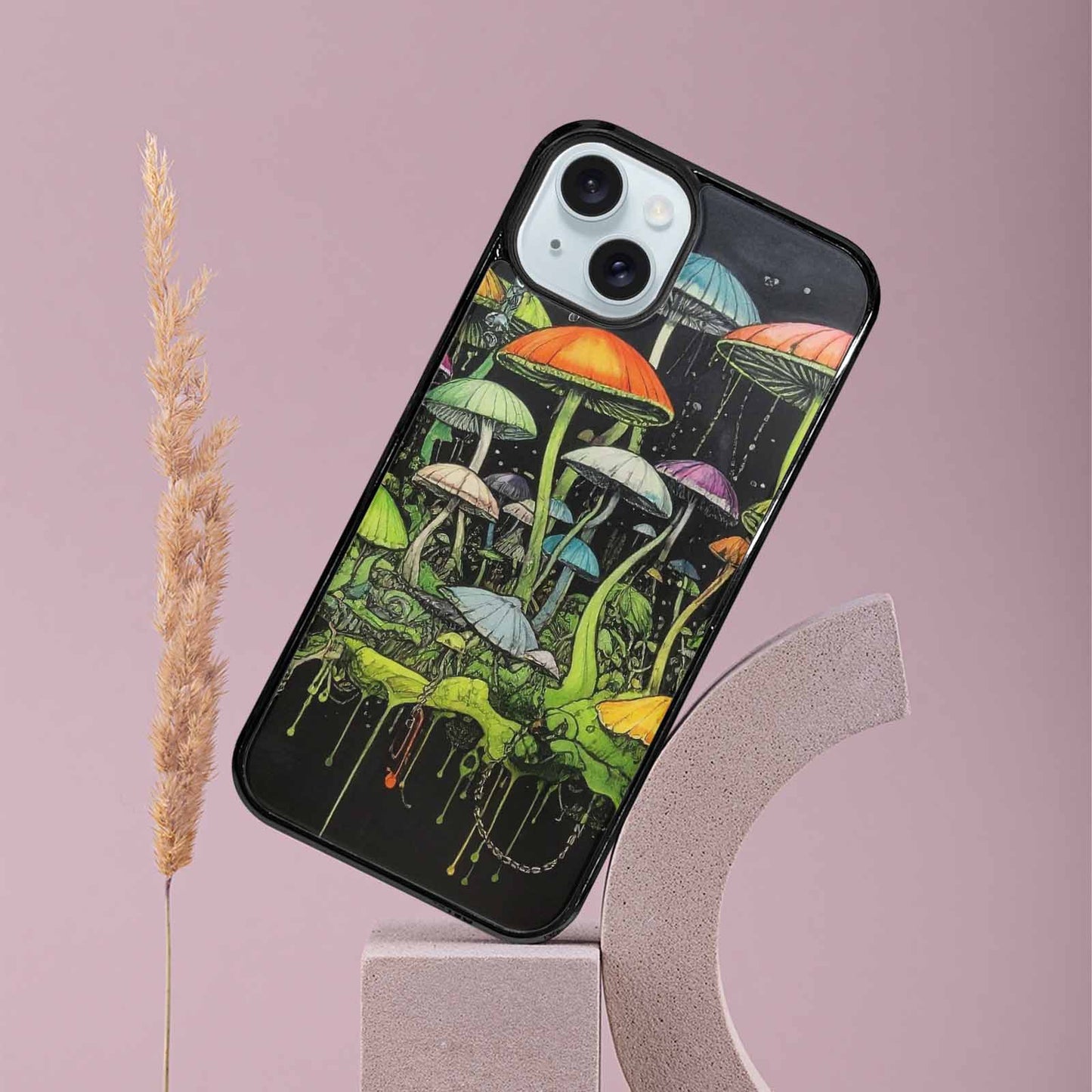 iPhone 15 Plus Case — Rainbow Drip Mushrooms Black Green Ink, Original Design Phone Case