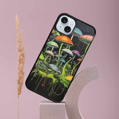 iPhone 15 Plus Case — Rainbow Drip Mushrooms Black Green Ink, Original Design Phone Case