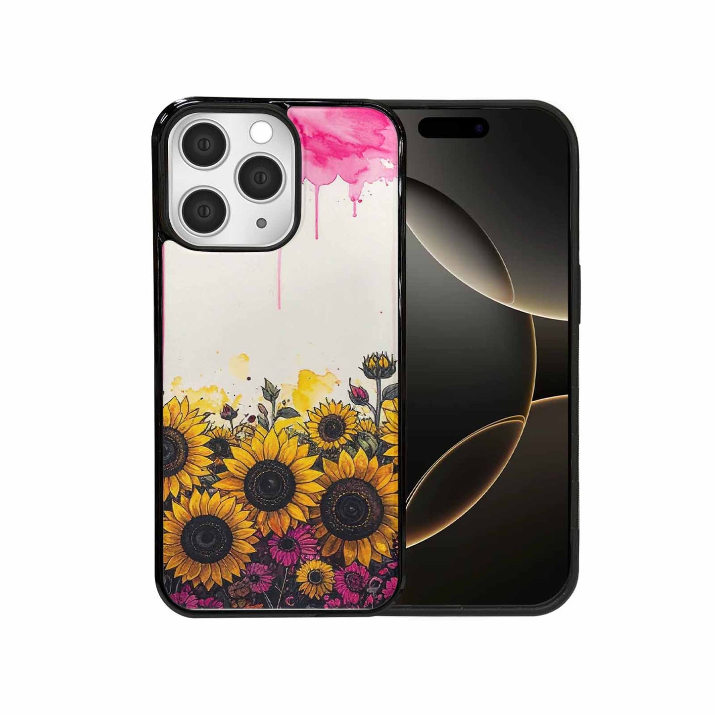 iPhone 15 Pro Max Case — Sunflower Burst Black Pink Ink Sunflowers, Custom Print Case Cover