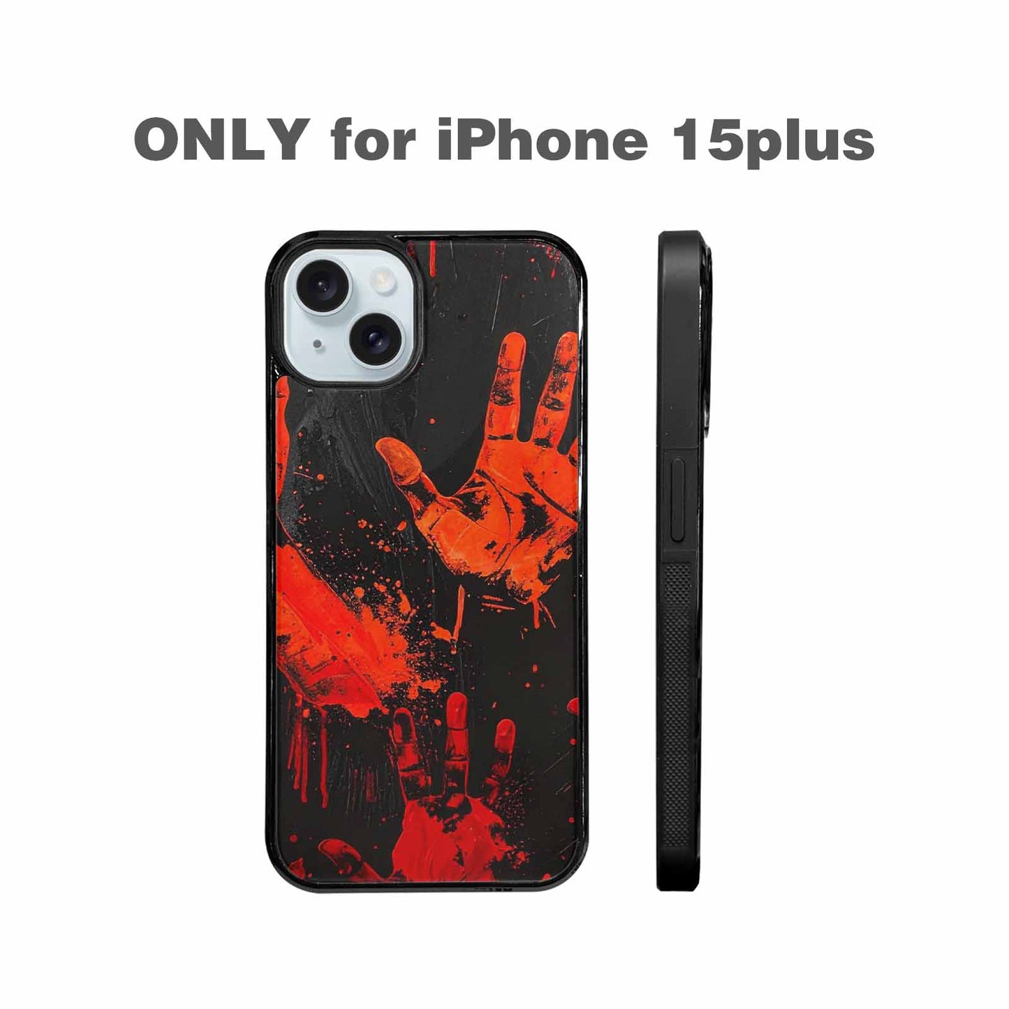 iPhone 15 Plus Case — Splatter Paint Art Hand Prints Black, Personalized Phone Case