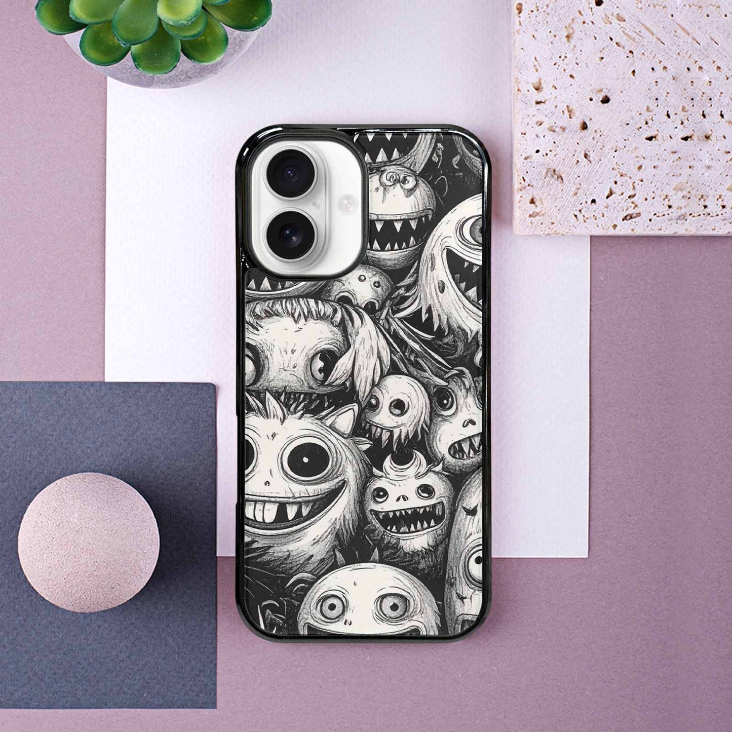 iPhone 16 Case — Black And White Monster Face Collage, Custom Printed Phone Case