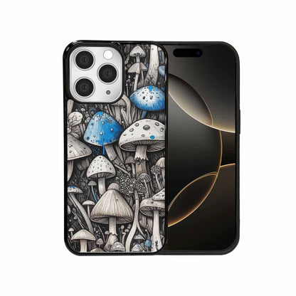 iPhone 15 Pro Max Case — Mushrooms General Black Blue Ink Mushrooms, Custom Made Phone Cover