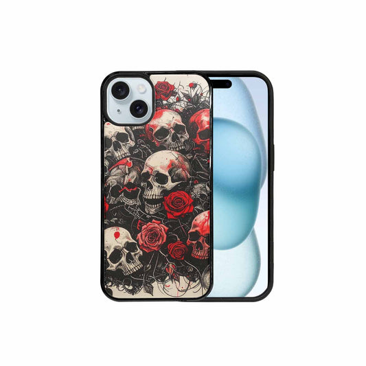 iPhone 15 Plus Case — Skull And Roses Black Red Ink, Custom Phone Case