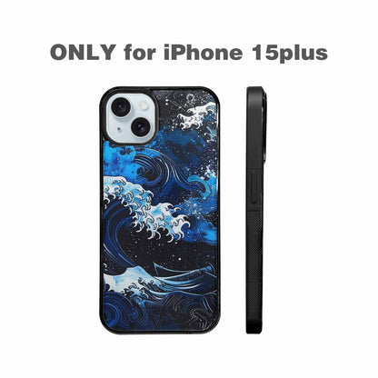 iPhone 15 Plus Case — Nautical Wave Black Blue Ink Wave, Personalized Phone Case