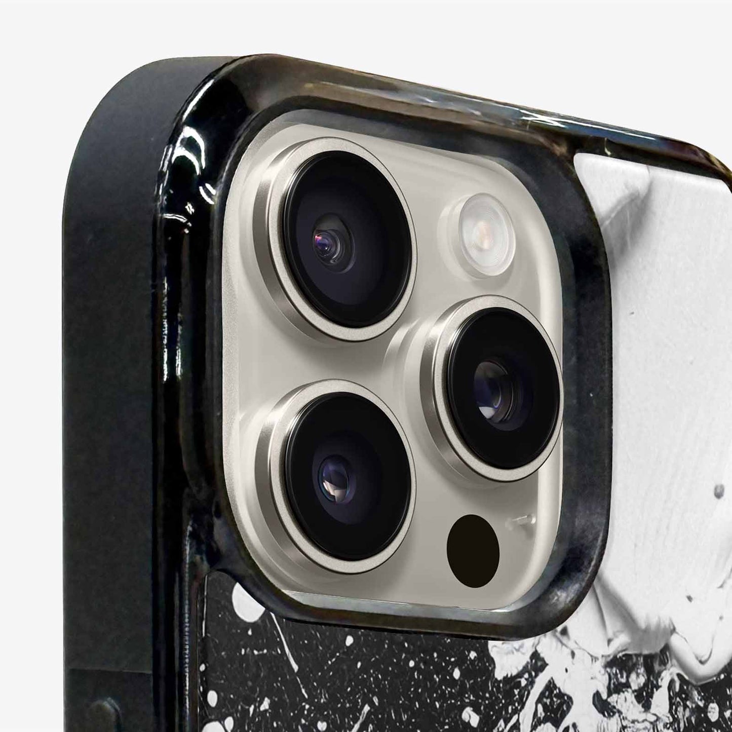 iPhone 15 Pro Max Case — White Ink Splatter Texture On Black, Original Design Phone Case
