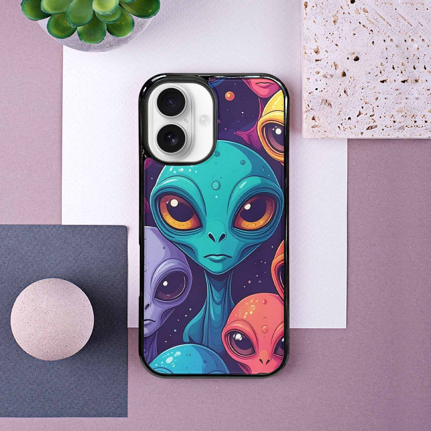 iPhone 16 Case — Alien Ufo Cartoon Art Pattern Groovy, Custom Phone Case