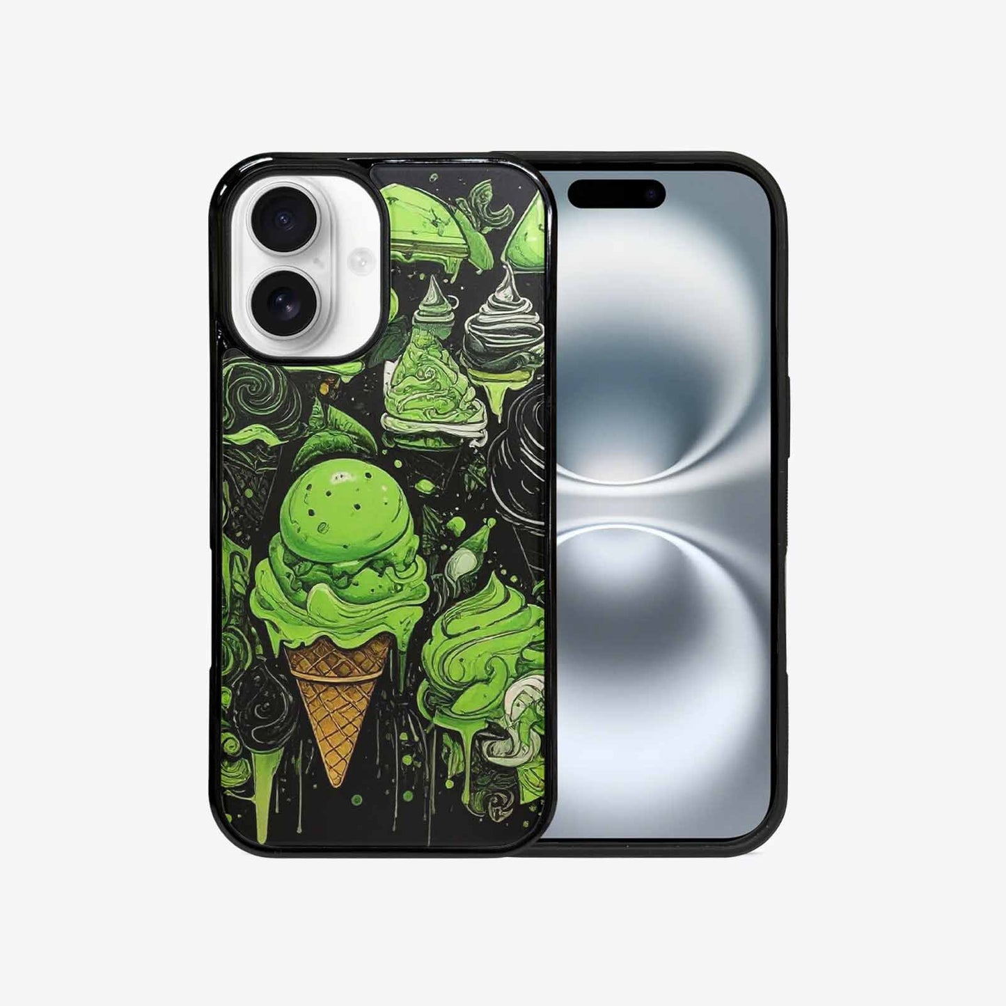 iPhone 16 Case — Ice Cream Motif Black Green Ink, Customized Protective Case