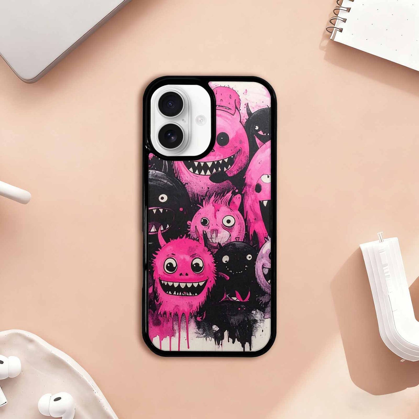 iPhone 17 Case — Black &amp; Pink Ink Cartoon Cute, Custom Printed Phone Case
