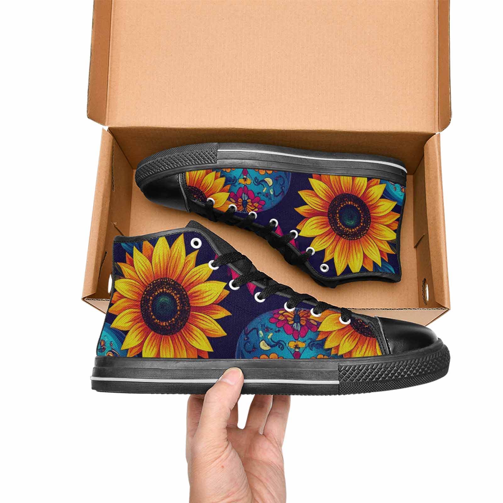 MEN'S Sunflower Skulls Print High Top Canvas Vivid Custom Shoes