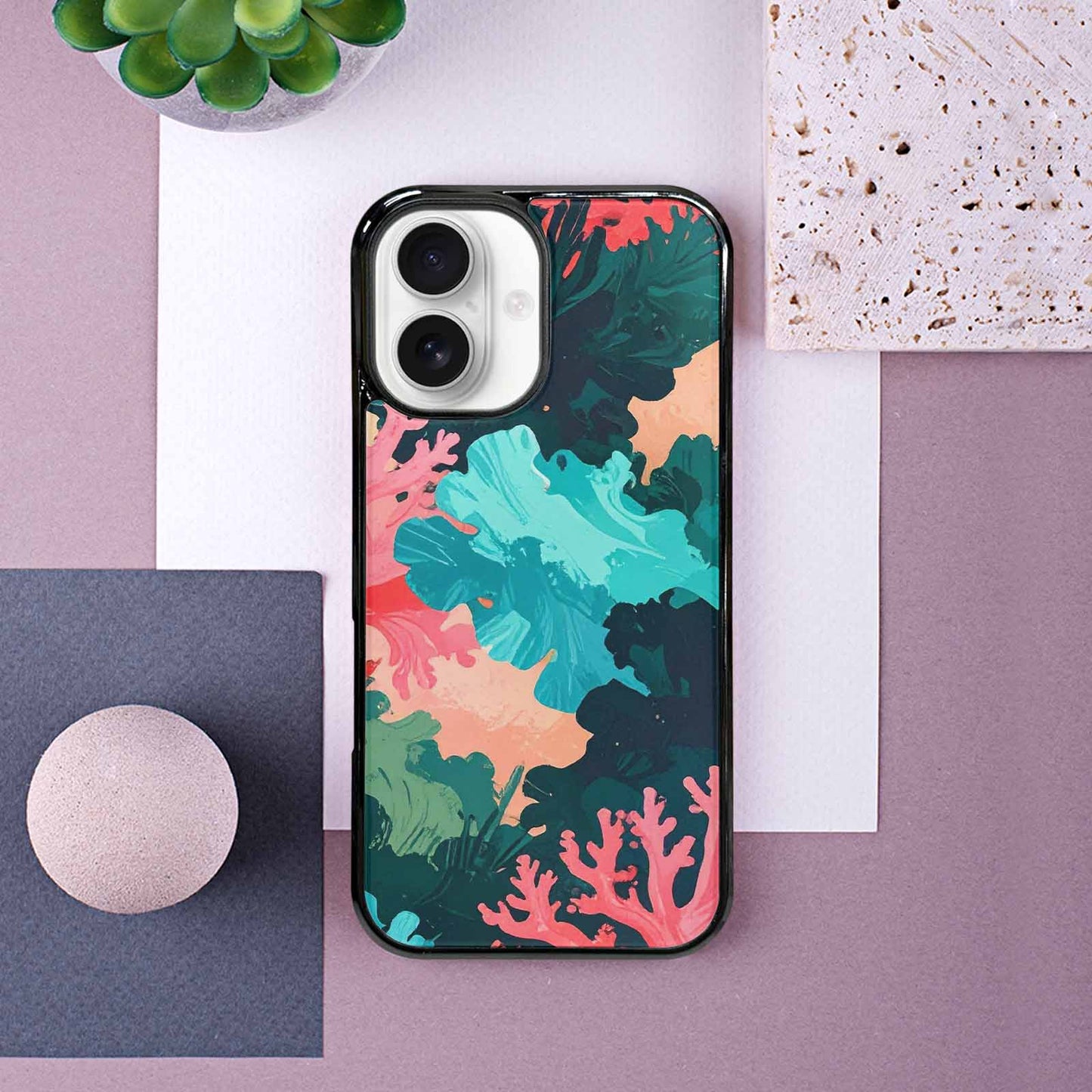 iPhone 16 Case — Camo Coral Turquoise, Custom Art Phone Cover