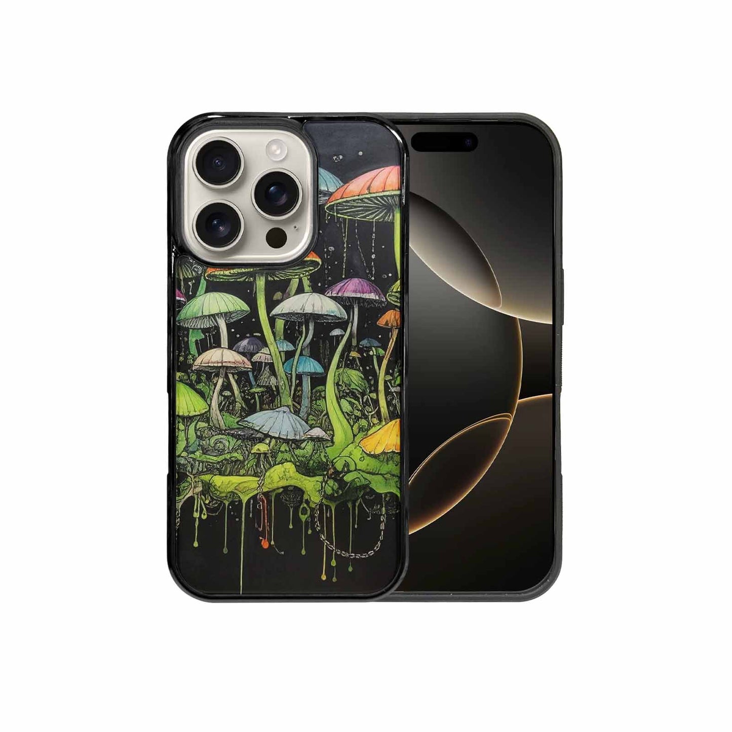 iPhone 16 Pro Case — Rainbow Drip Mushrooms Black Green Ink, Customized Protective Case