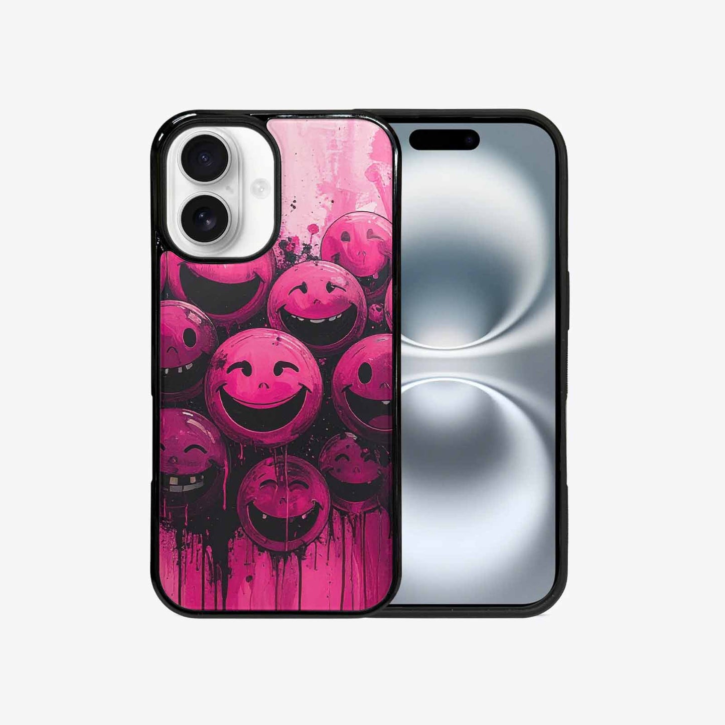 iPhone 16 Case — Melting Moon Smiley Black Pink Ink, Unique Phone Case Design
