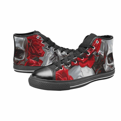 MEN'S Skulls Roses Chrome Airbrush High Top Canvas Wallpaper Art Custom Shoes