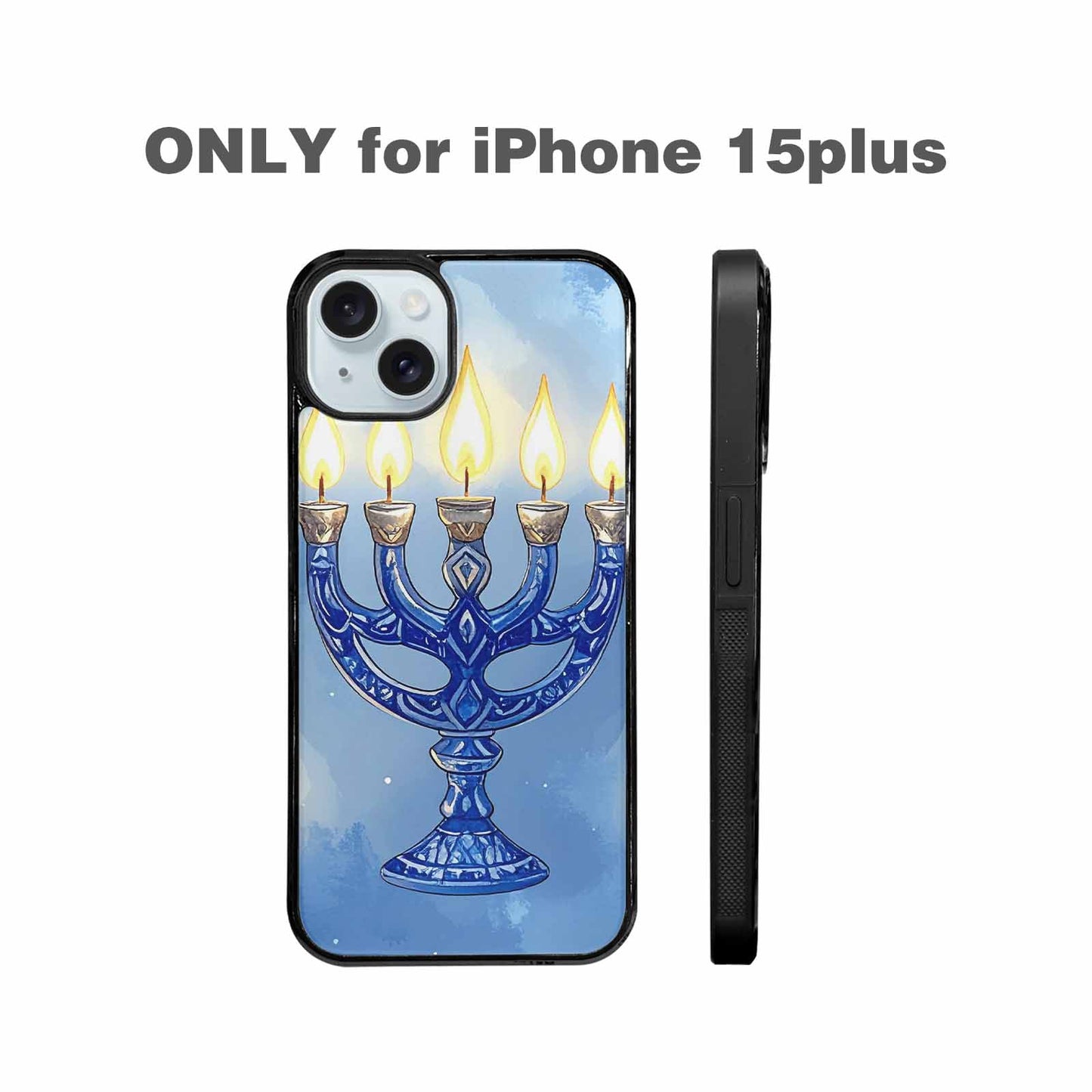 iPhone 15 Plus Case — Hanukkah Menorah Pattern Seamless Repeat Jewish, Custom Designed Case Cover