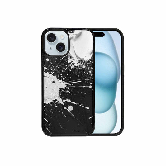 iPhone 15 Case — White Ink Splatter Texture On Black, Custom Made Phone Cover